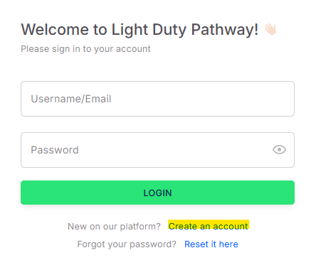 LDP_login Light Duty Pathway Login page